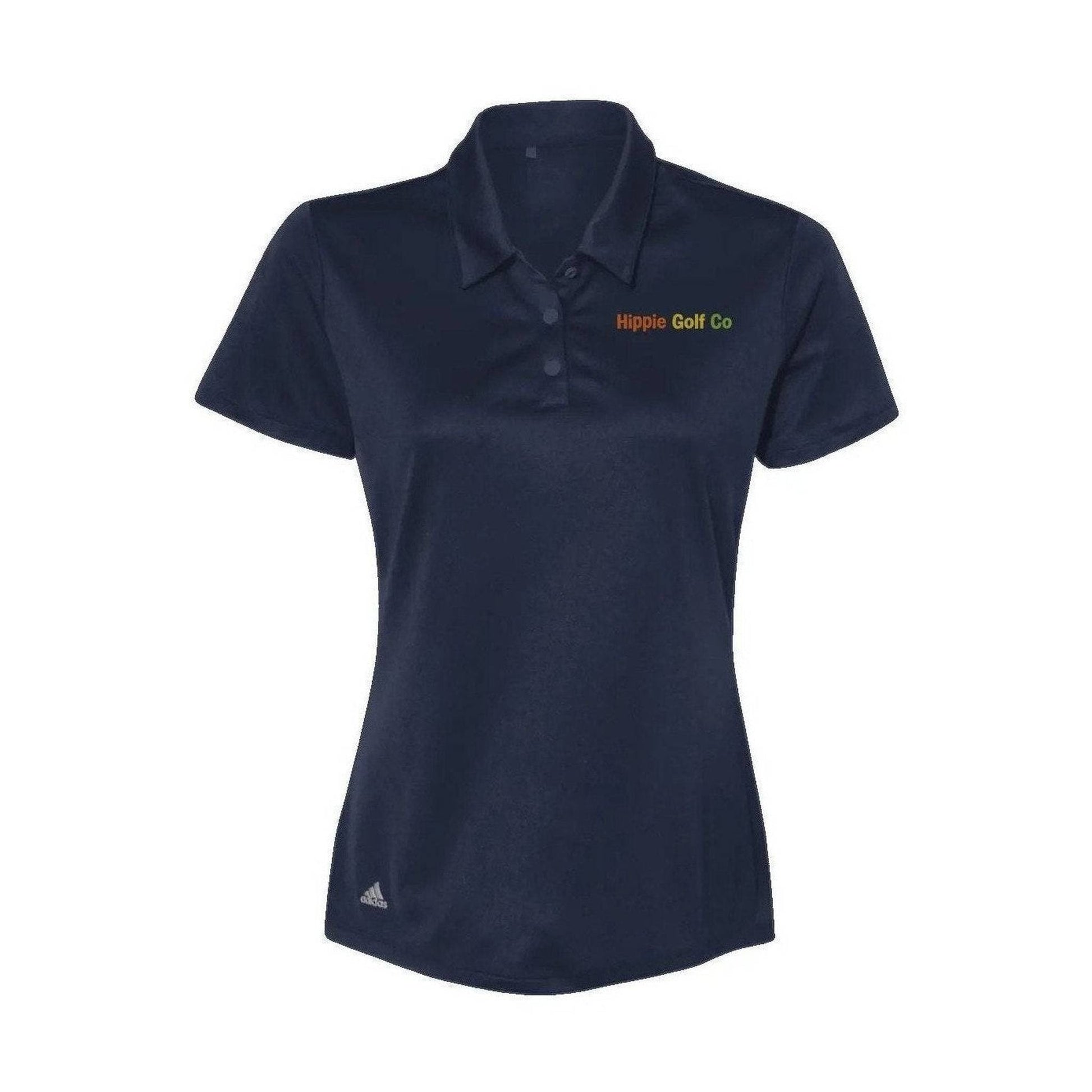 Navy blue Adidas women's polo shirt with ribbed placket and Hippie Golf Co emblem
