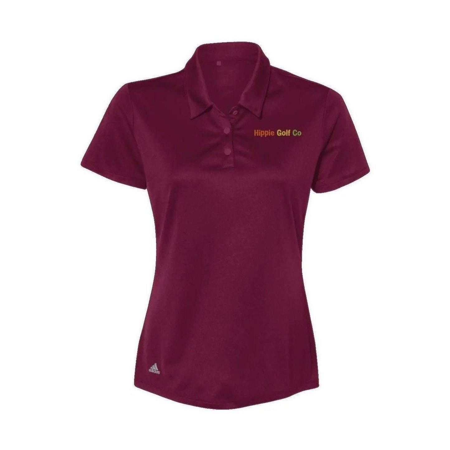 Maroon fitted women's golf polo with orange and green embroidered Hippie Golf Co text