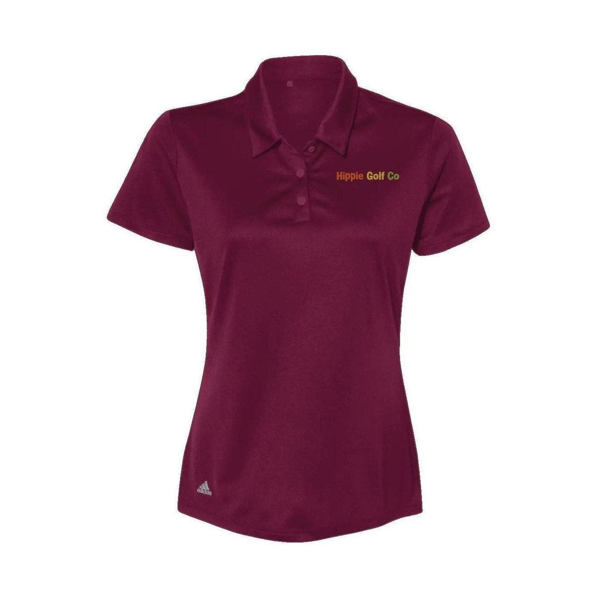 Maroon fitted women's golf polo with orange and green embroidered Hippie Golf Co text