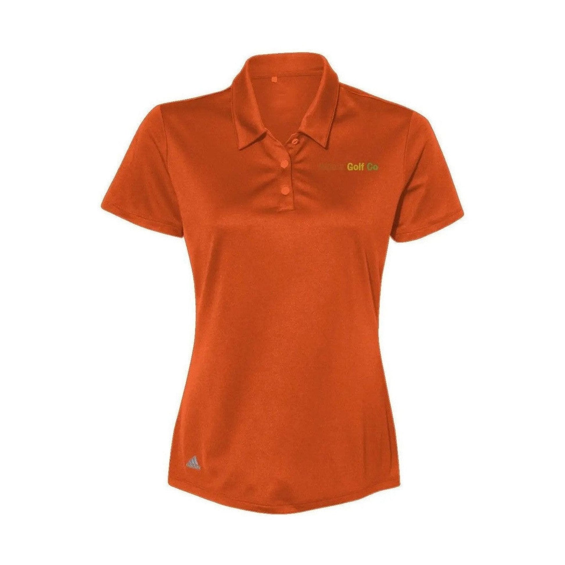 Orange women's moisture control polo featuring ribbed collar and multi-colored logo