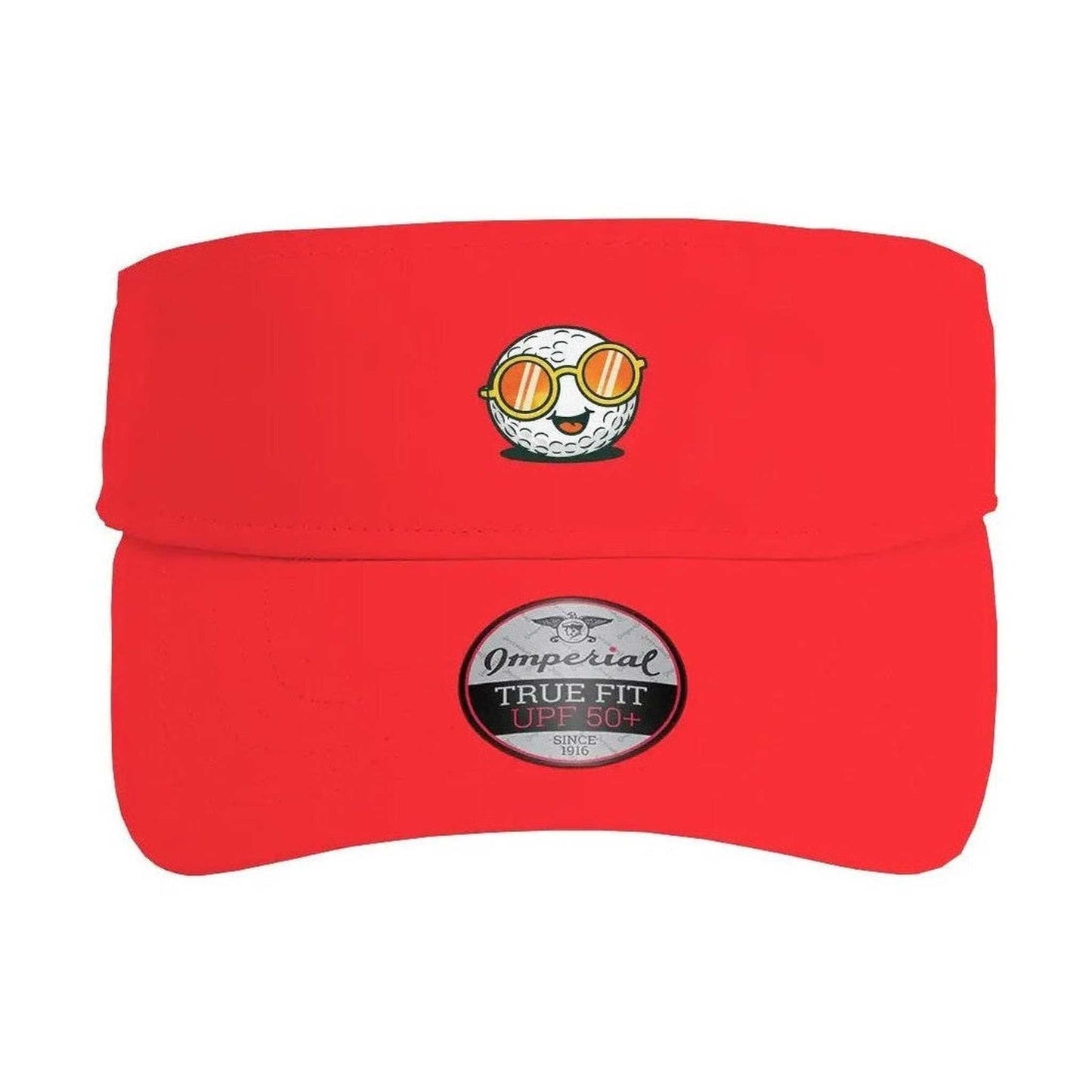 Red Ball Guy Performance Visor with golf ball graphic and UPF 50+ sun shielding