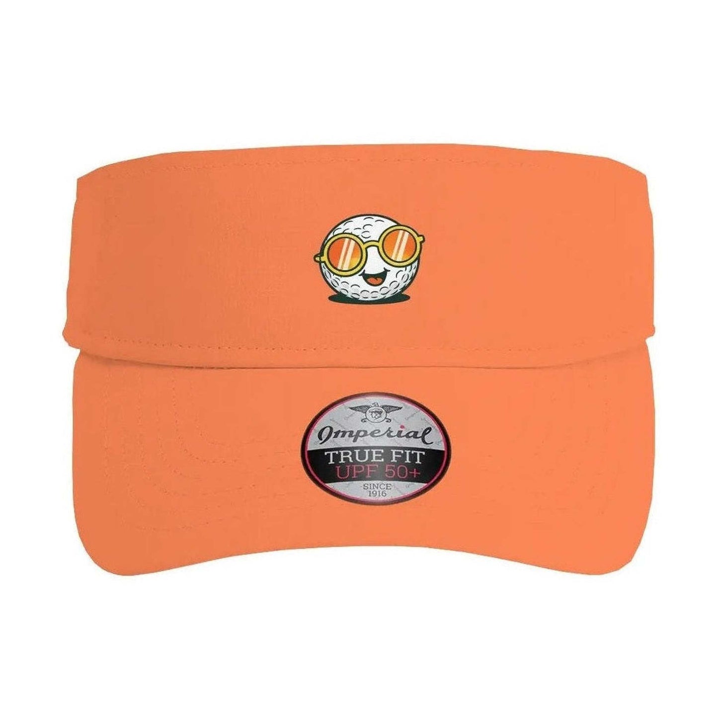 Orange Ball Guy Performance Visor with golf ball graphic and eco-friendly recycled polyester