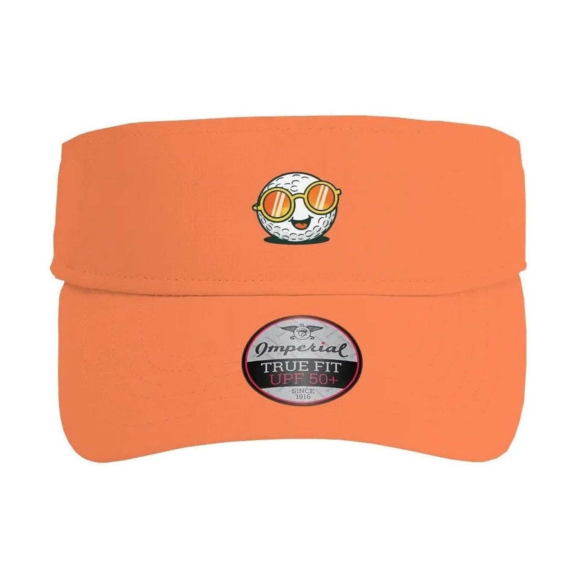 Orange Ball Guy Performance Visor with golf ball graphic and eco-friendly recycled polyester