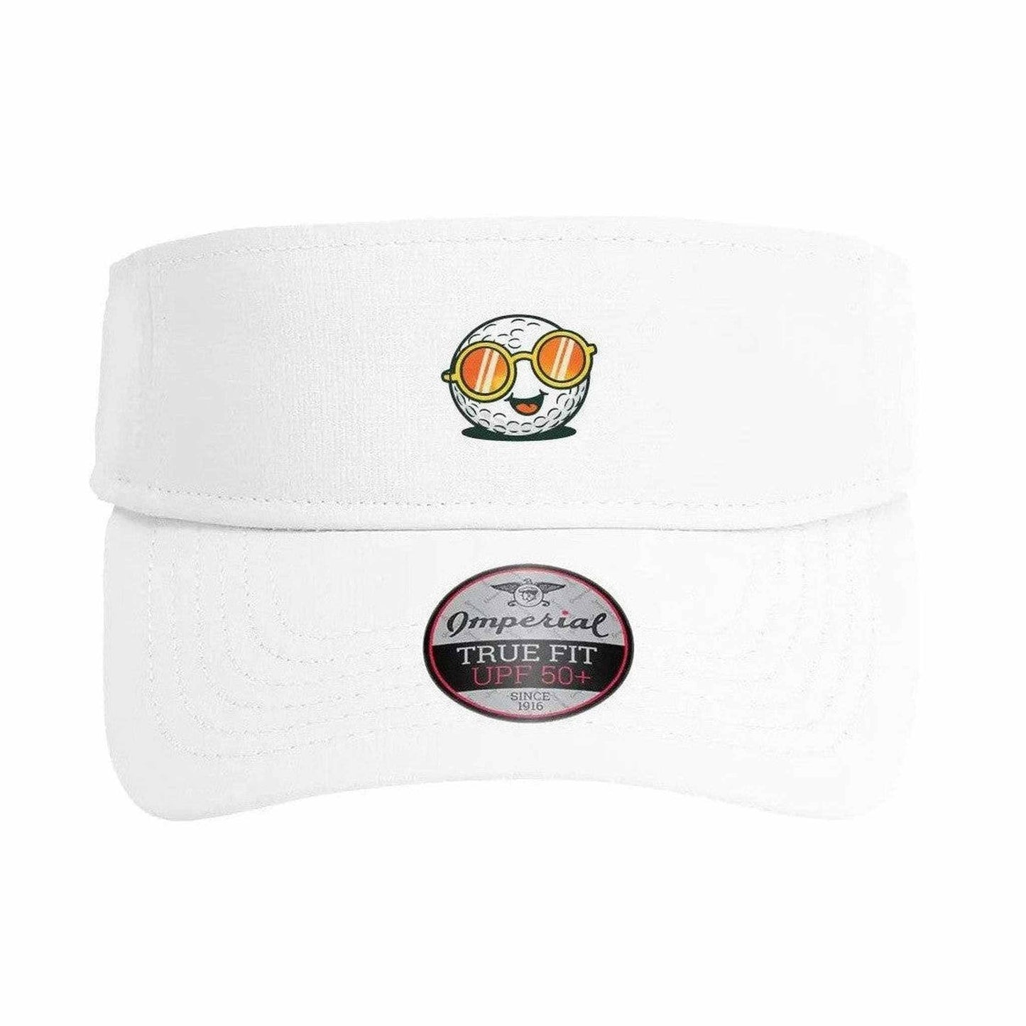 White Ball Guy Performance Visor with golf ball graphic and antimicrobial comfort band