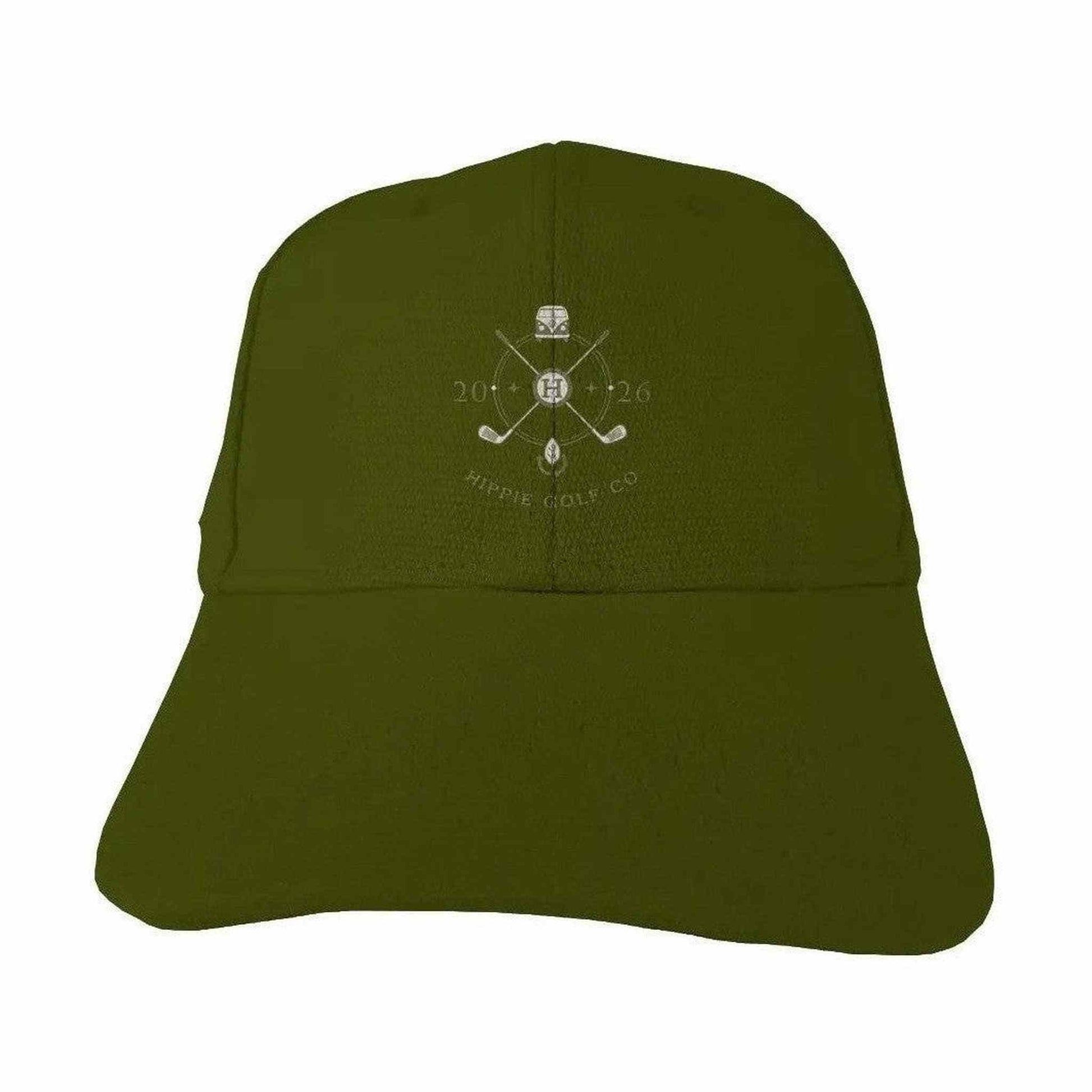 Olive green hemp cotton baseball cap with structured crown and embroidered Hippie Golf Co logo