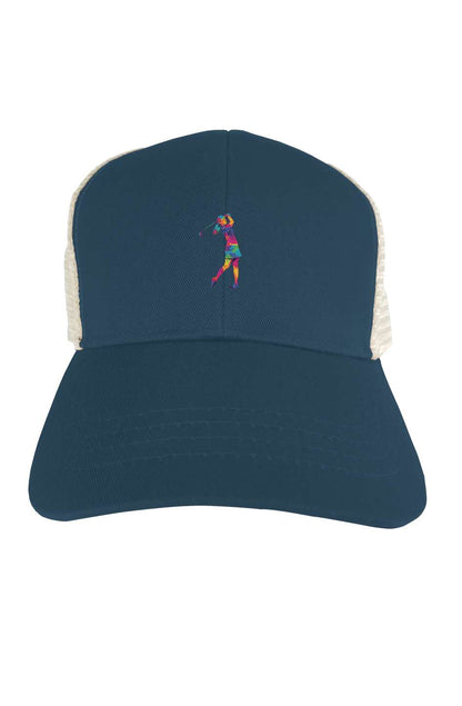 Tee Time Trucker Hat with the silhouette of a geometrical female golfer