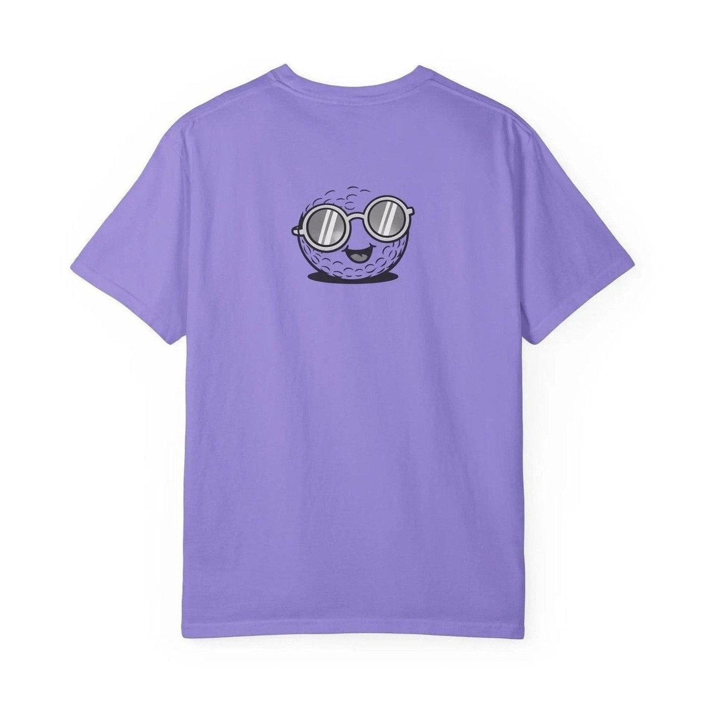 Lavender unisex tee back view showing smiling golf ball graphic with dimples