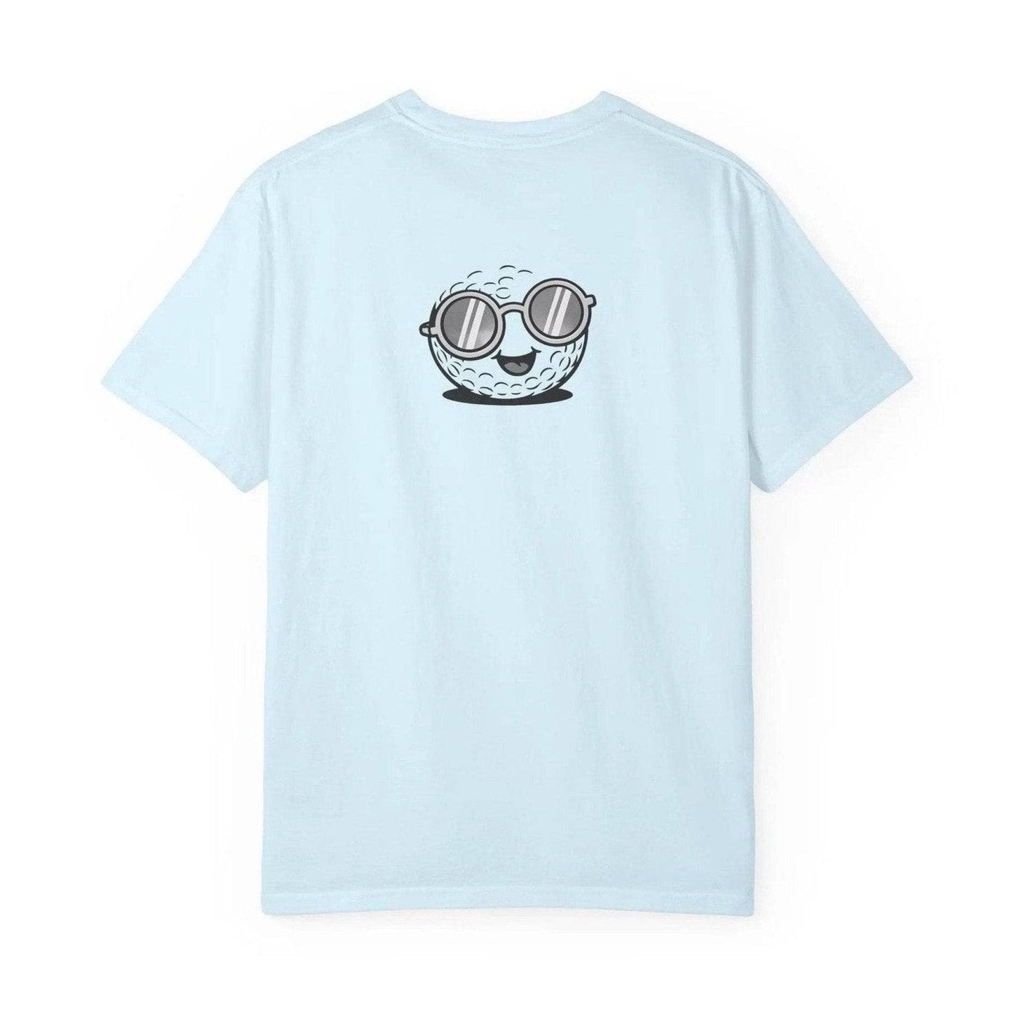Light blue unisex t-shirt back view with centered smiling golf ball and sunglasses