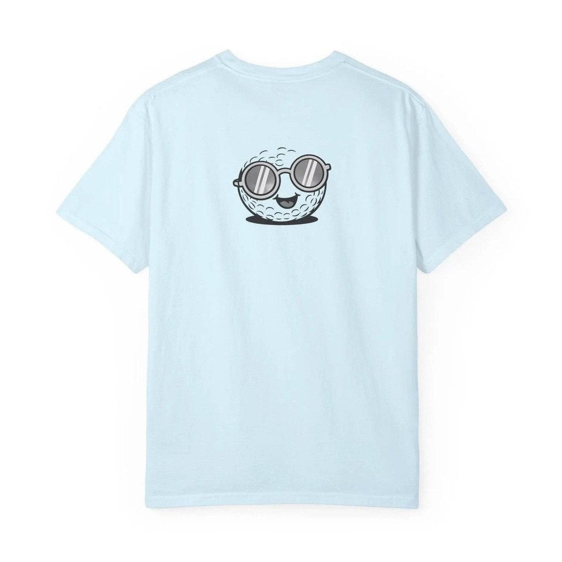 Light blue unisex t-shirt back view with centered smiling golf ball and sunglasses
