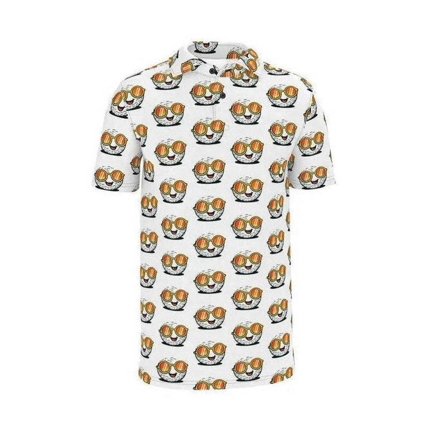 White men's Ball Guy polo shirt full front view with bold cartoon golf ball pattern