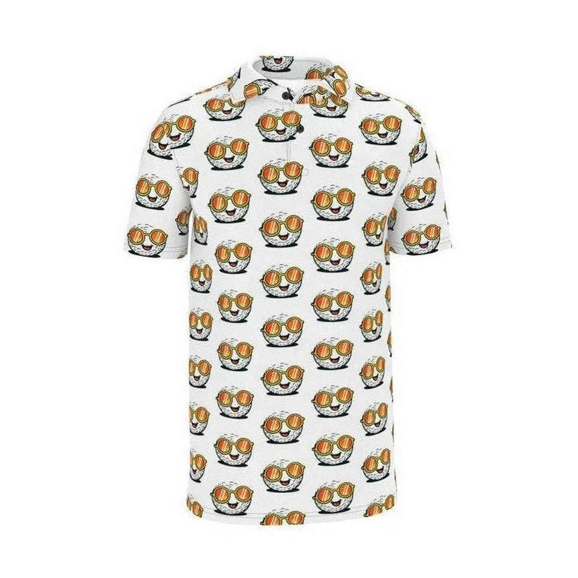 White men's Ball Guy polo shirt full front view with bold cartoon golf ball pattern