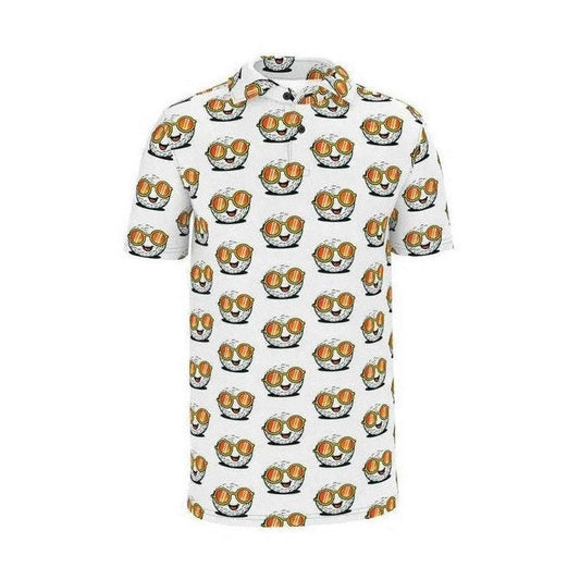 White men's Ball Guy polo shirt full front view with bold cartoon golf ball pattern
