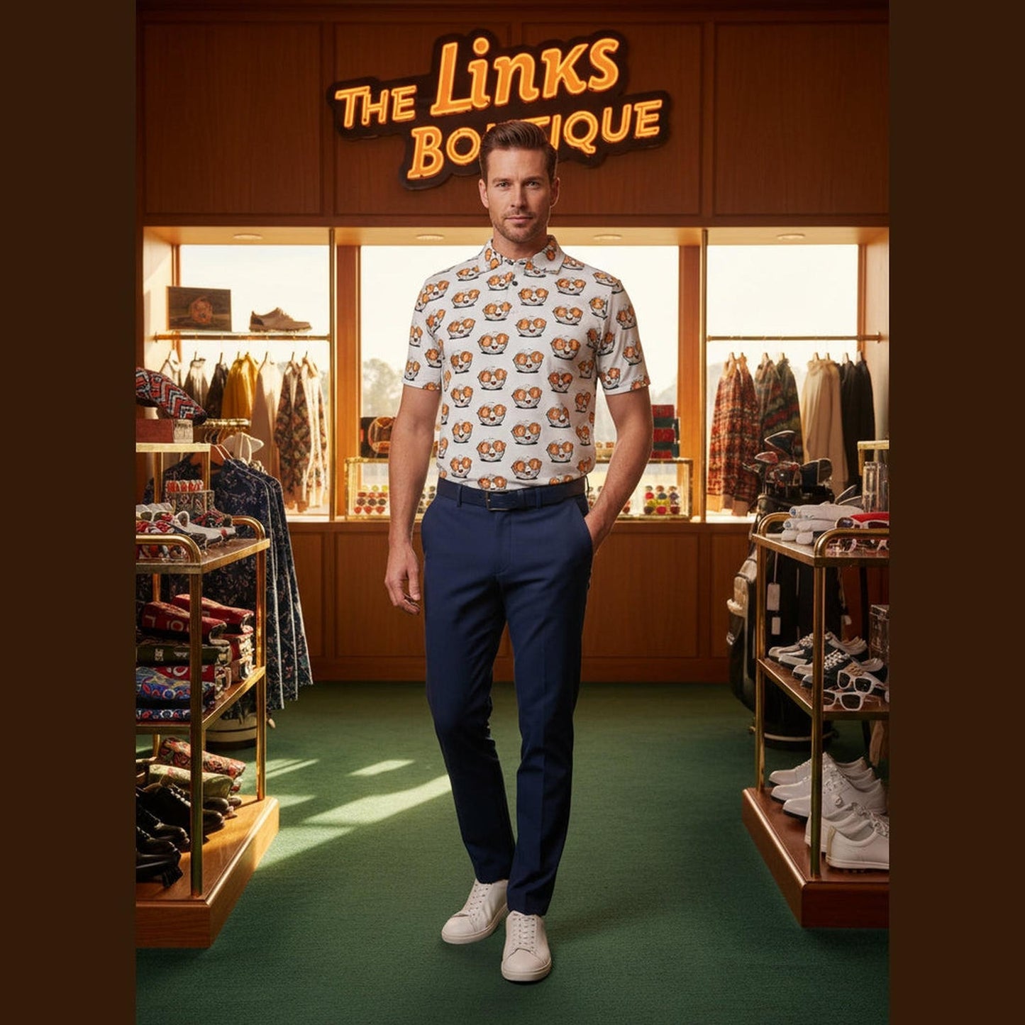 Man wearing white golf ball print polo shirt styled with navy trousers in boutique
