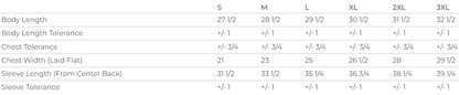 A size chart table showing body measurements for clothing sizes 27 M, L, XL, 2XL, and 3XL, with columns for body length, body length tolerance, chest tolerance, chest width (flat laid), sleeve length, and sleeve tolerance.