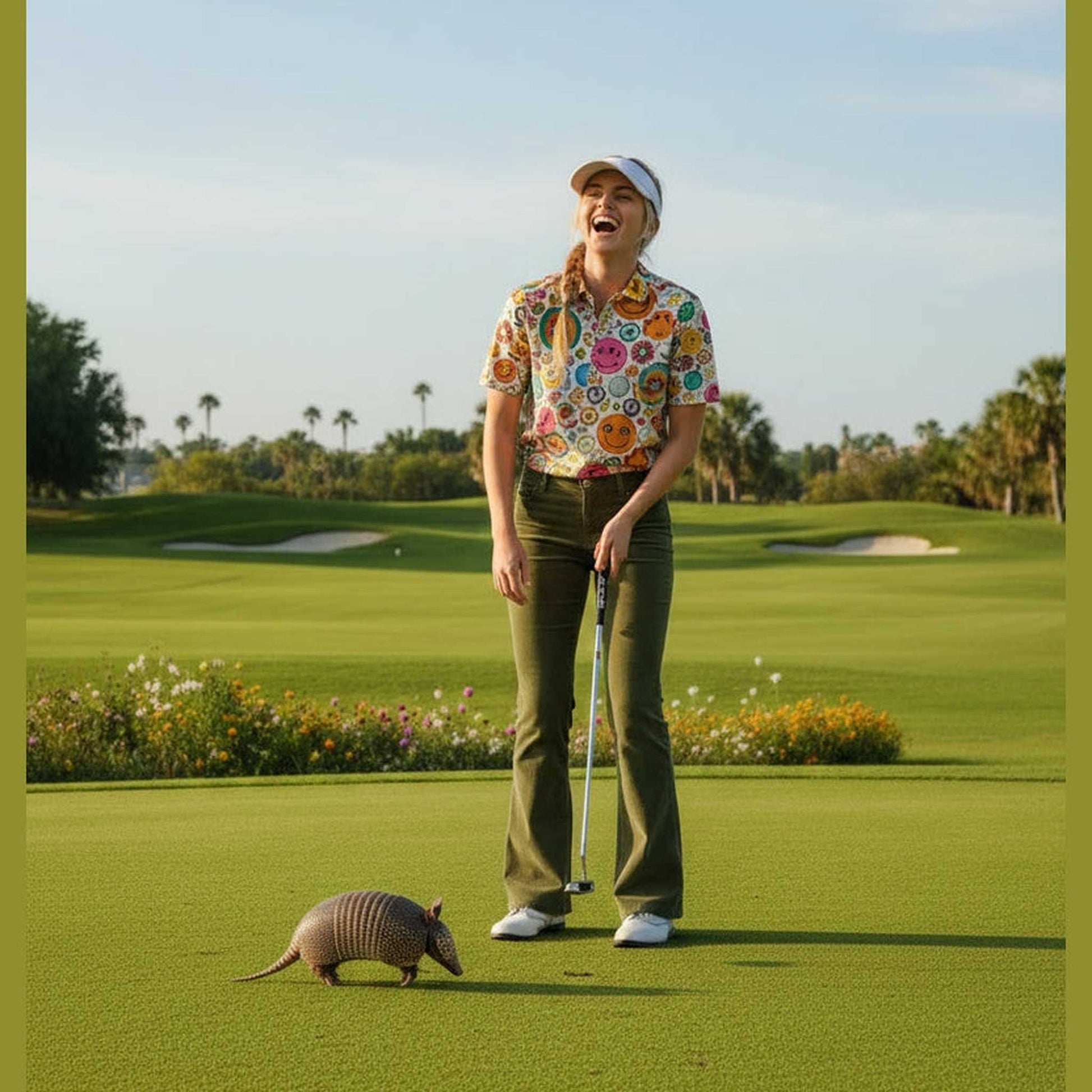 Woman wearing colorful printed polo shirt on sunny golf course holding putter