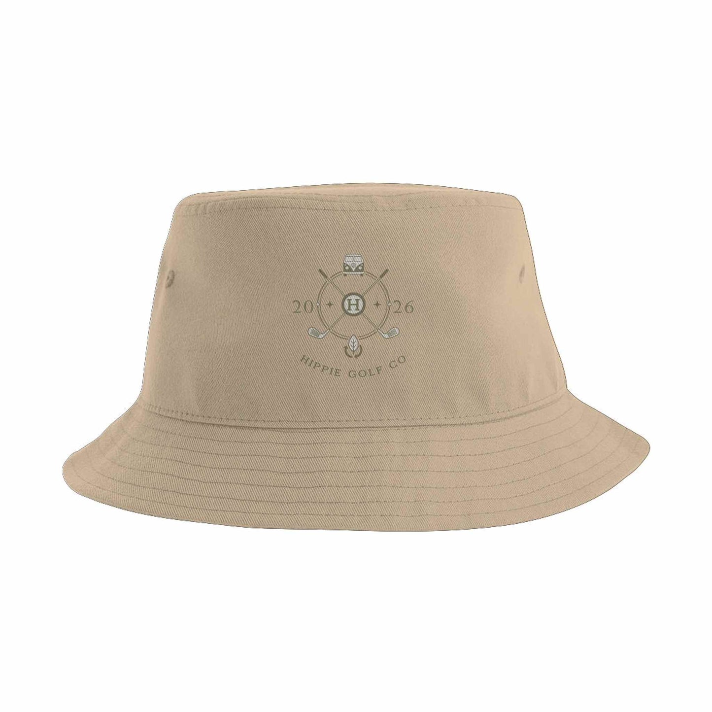 A beige bucket hat with a small embroidered logo on the front that reads '2026 BIRCH BOW GOLF CO', shown against a plain white background.