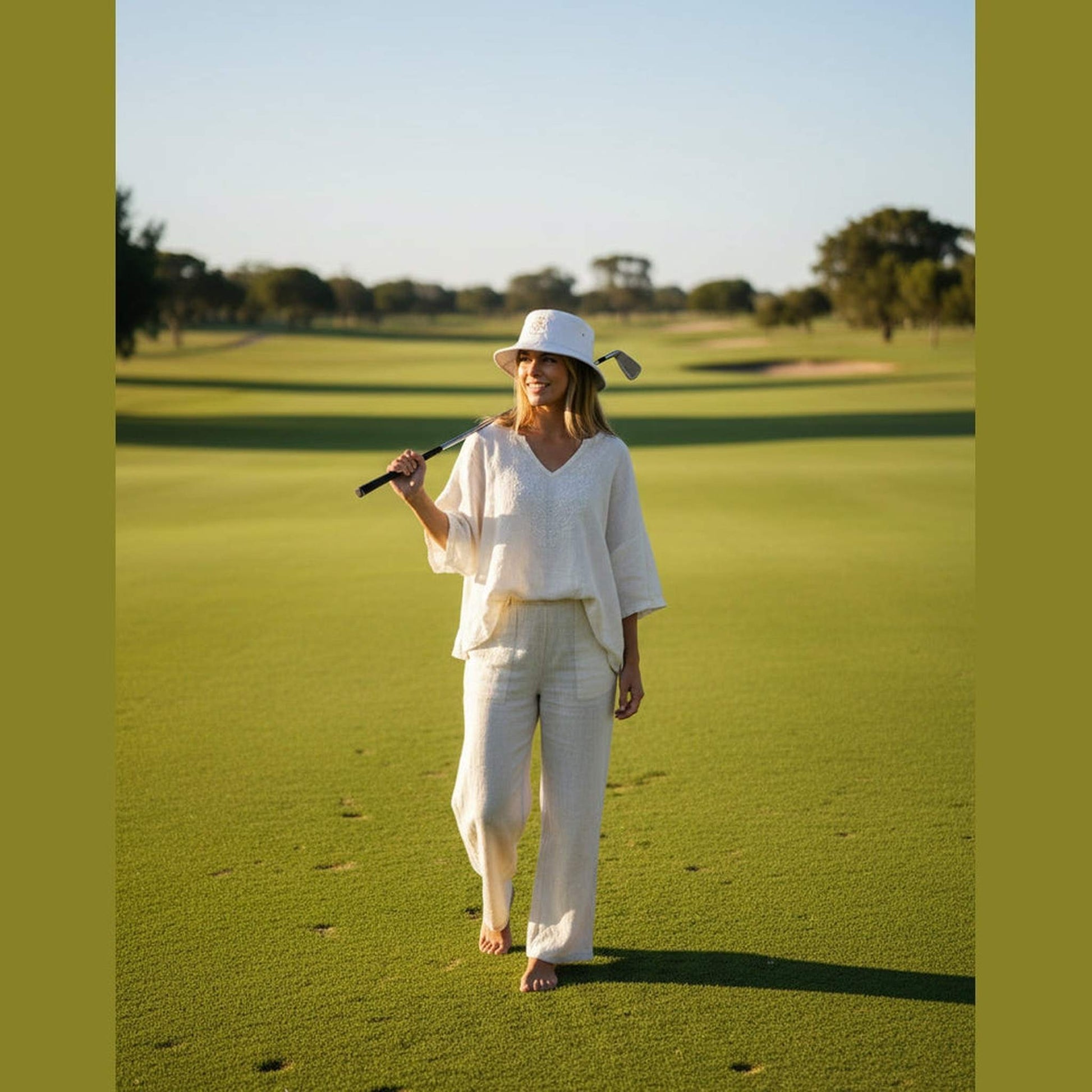 A white bucket hat featuring a gold embroidered logo on the front with crossed golf clubs, a golf ball, and the text '2026 HIPPIE GOLF CO'.