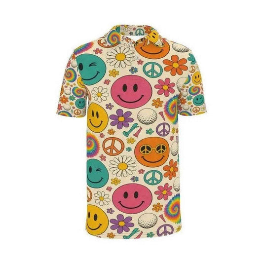 Front view of cream men's polo with button placket and retro golf ball print