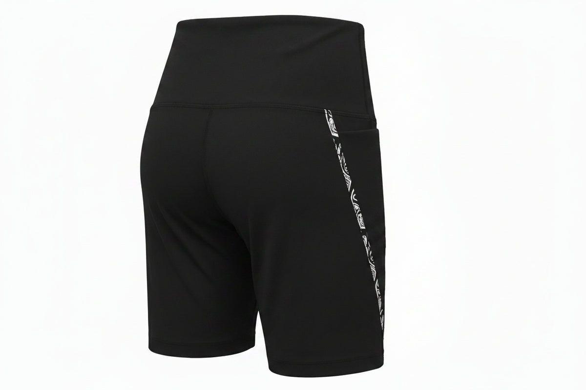 Black athletic shorts with a high-waisted design and a white diagonal logo stripe on the side, shown from the back on a white background.