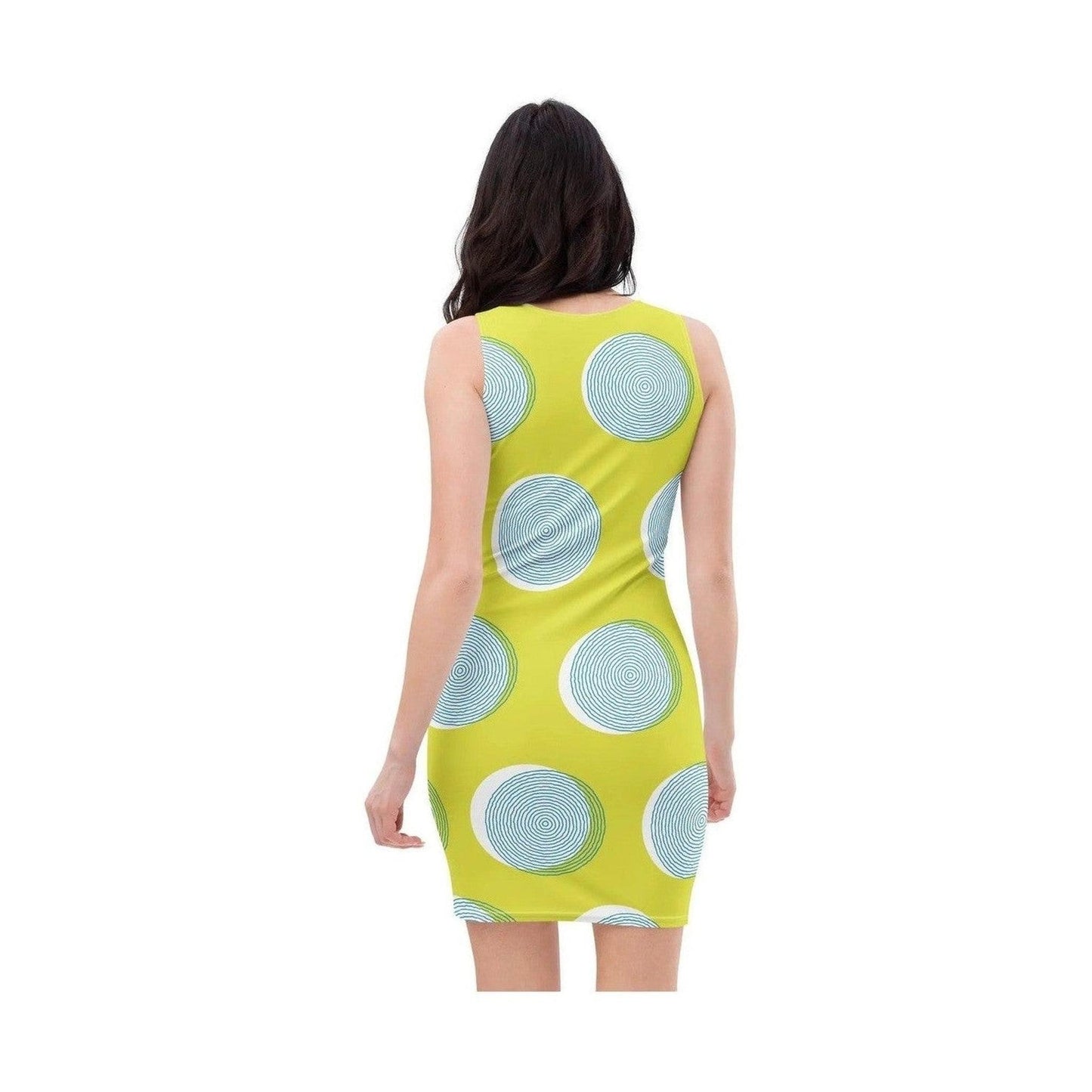 Full back shot of lime green bodycon dress with teal ring pattern