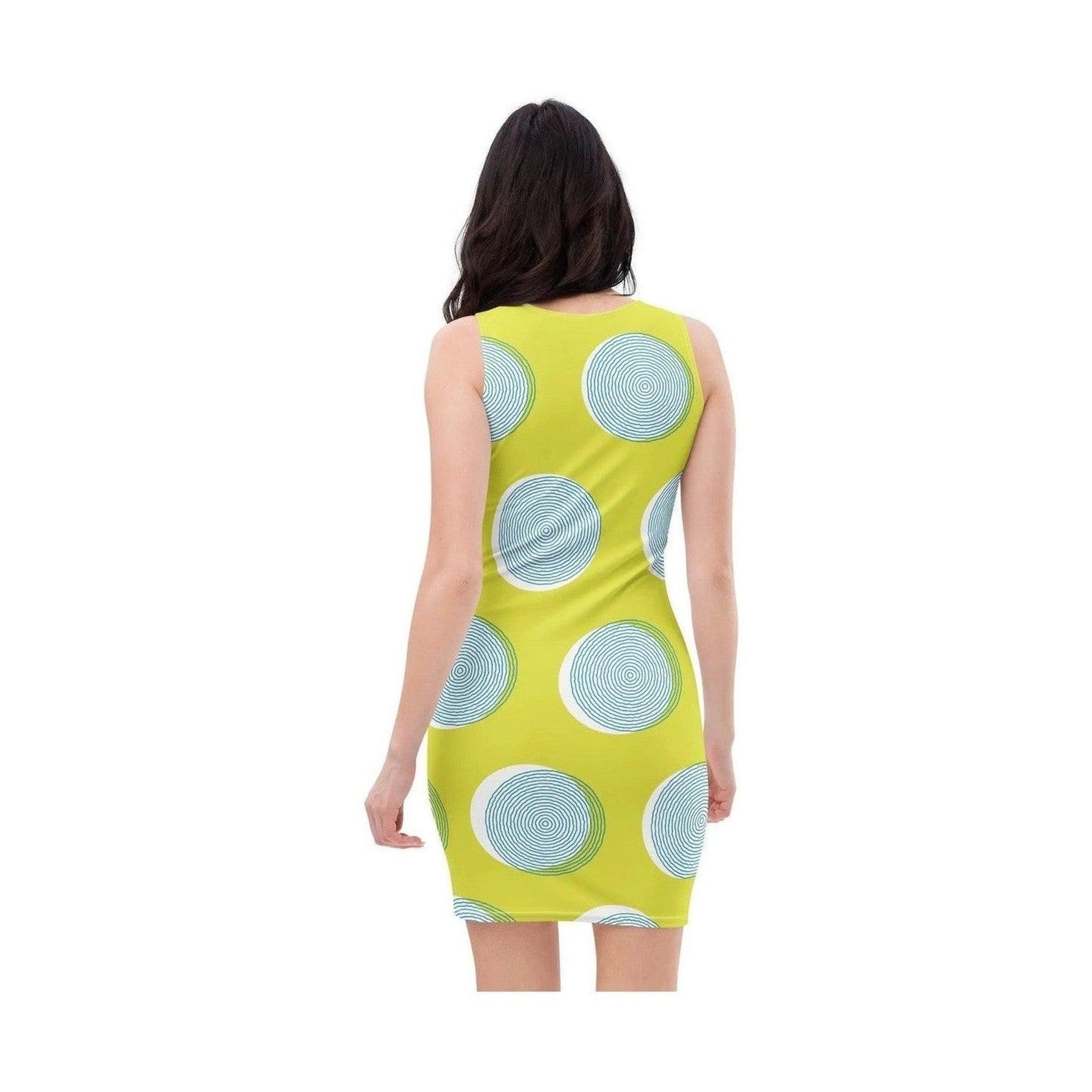 Full back shot of lime green bodycon dress with teal ring pattern