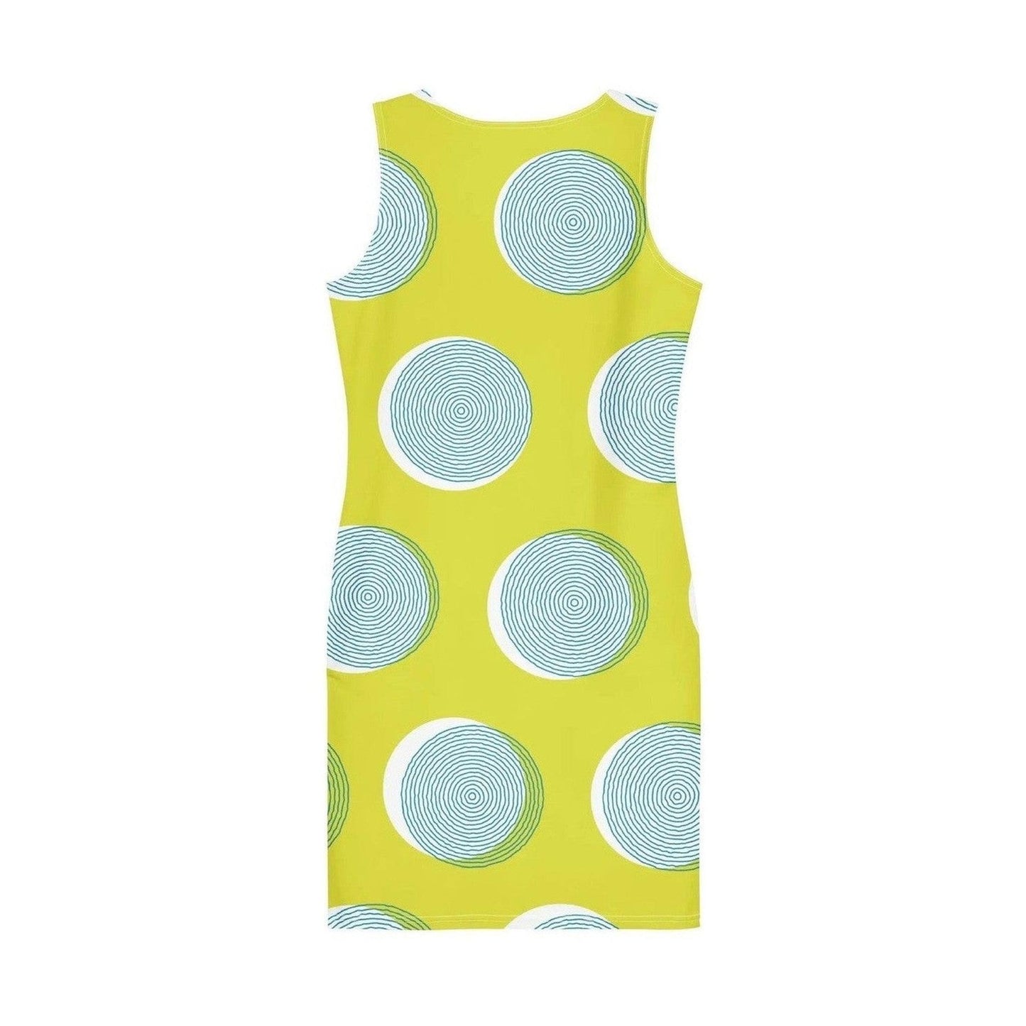 Back view of green bodycon dress with teal concentric circle print