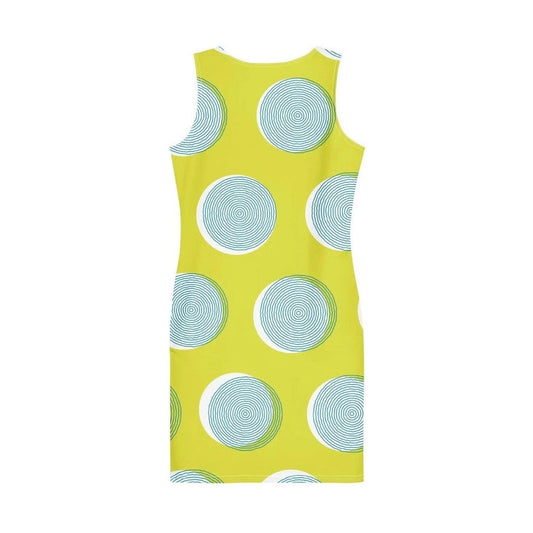 Back view of green bodycon dress with teal concentric circle print