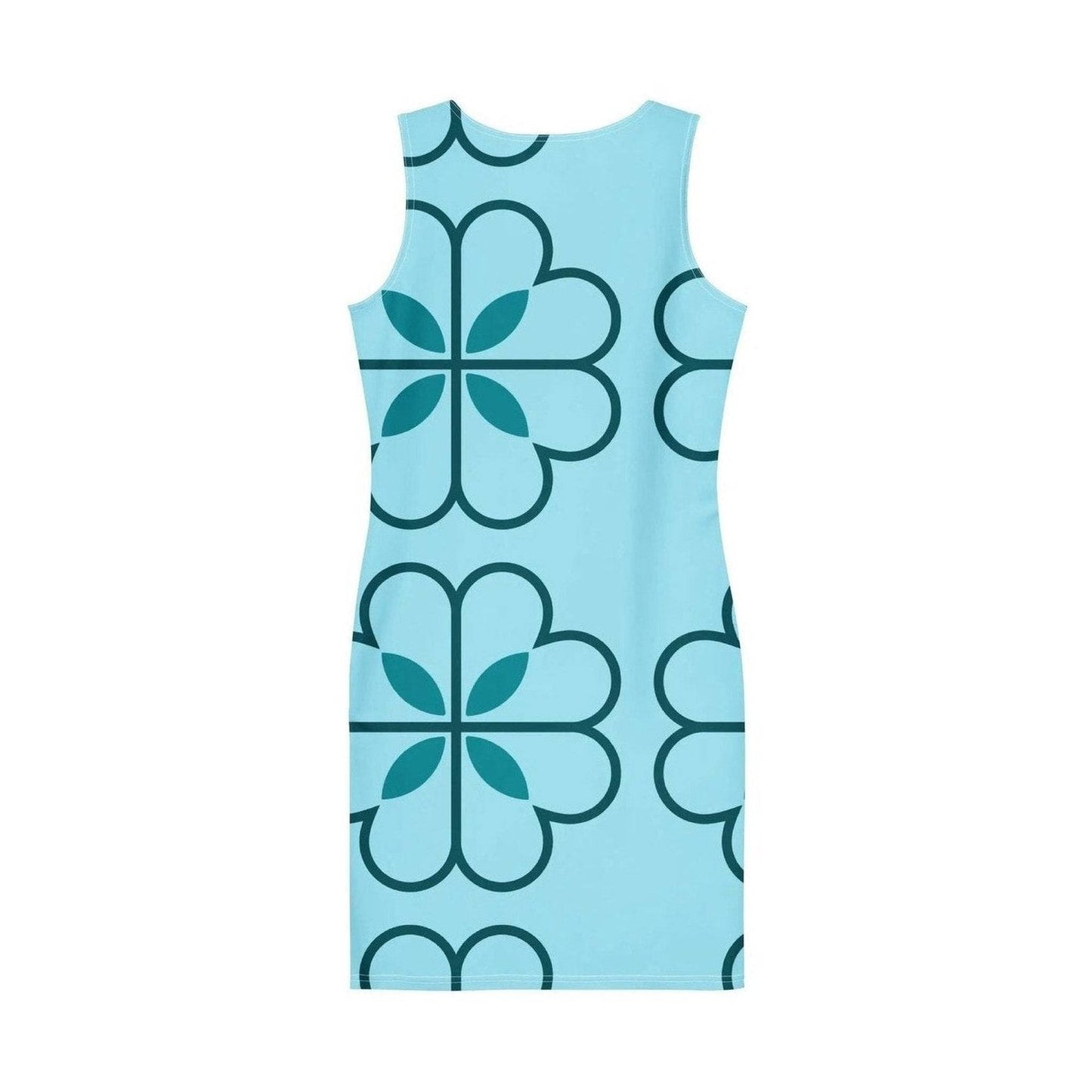 Flat lay of blue recycled polyester bodycon dress with teal four-leaf clover print