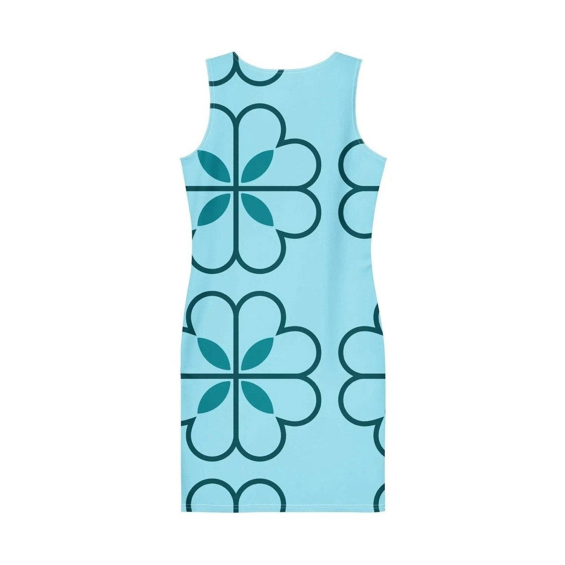 Flat lay of blue recycled polyester bodycon dress with teal four-leaf clover print