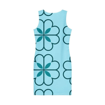 Flat lay of blue recycled polyester bodycon dress with teal four-leaf clover print