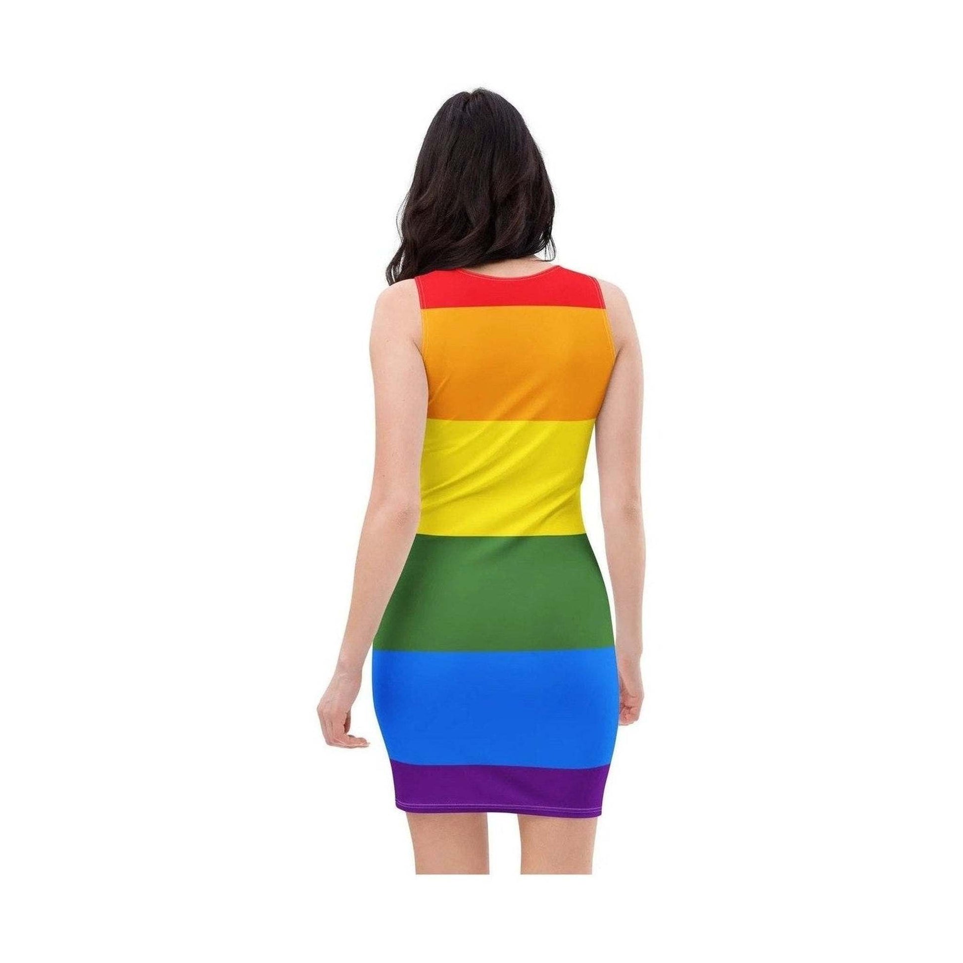 Full back view of eco-friendly rainbow print bodycon dress on model