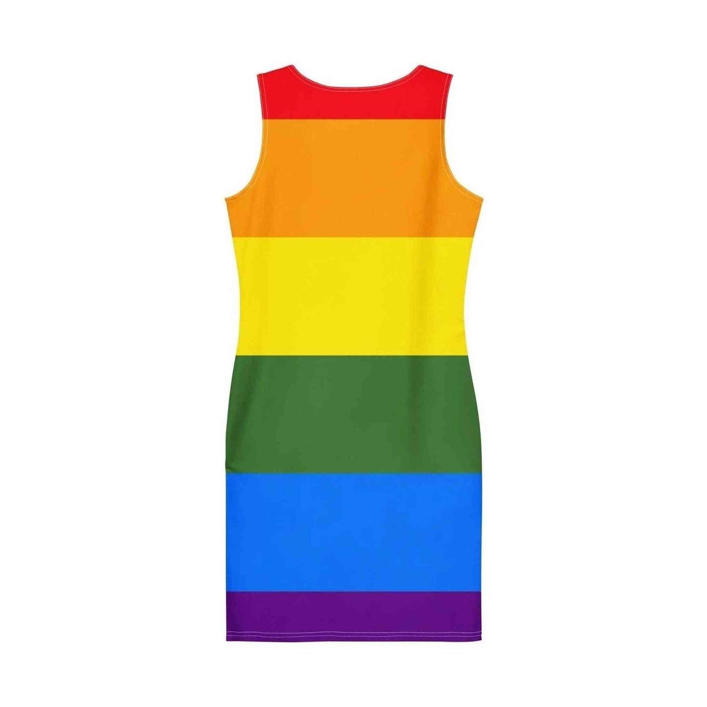 Back view of fitted rainbow stripe bodycon dress with rounded neckline