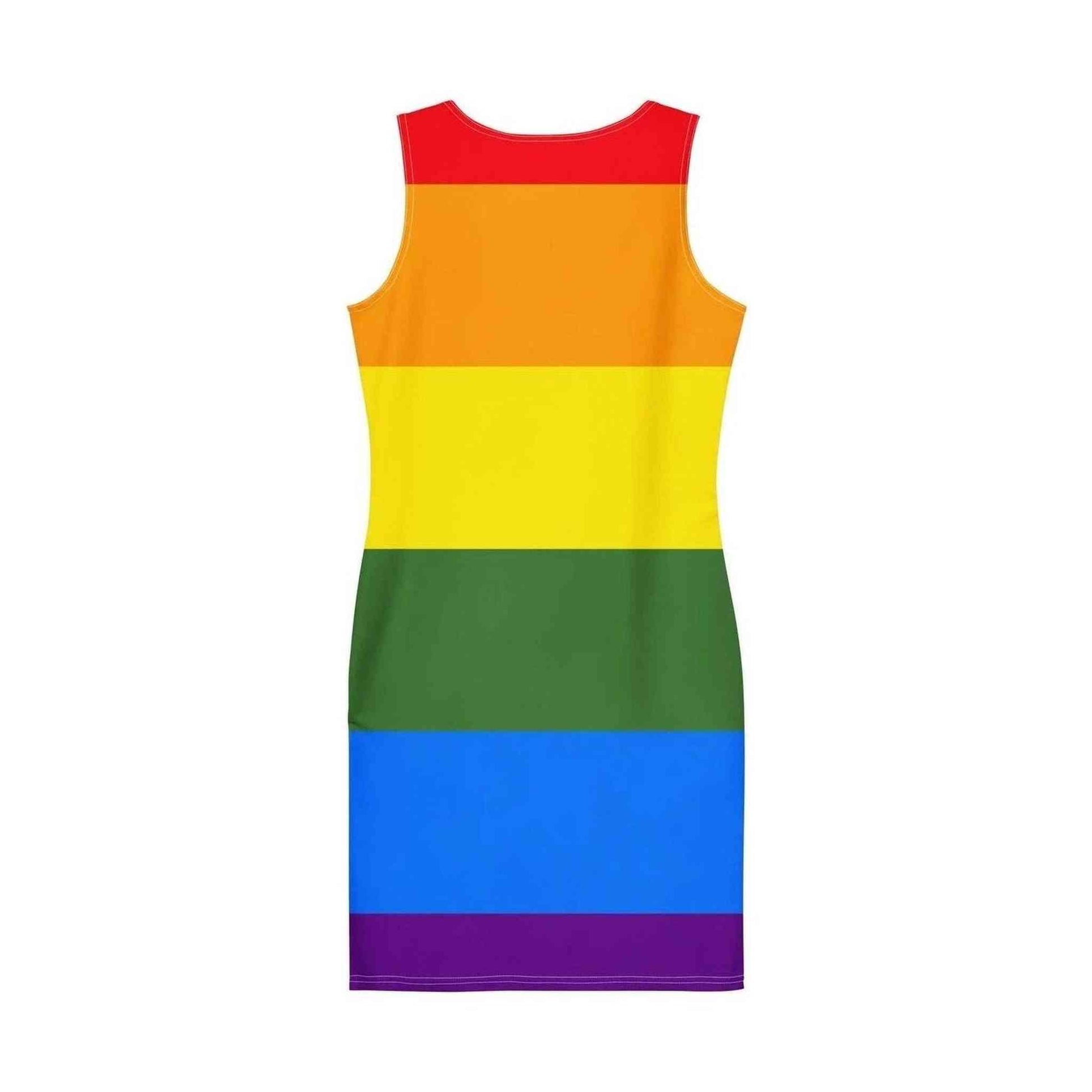 Back view of fitted rainbow stripe bodycon dress with rounded neckline