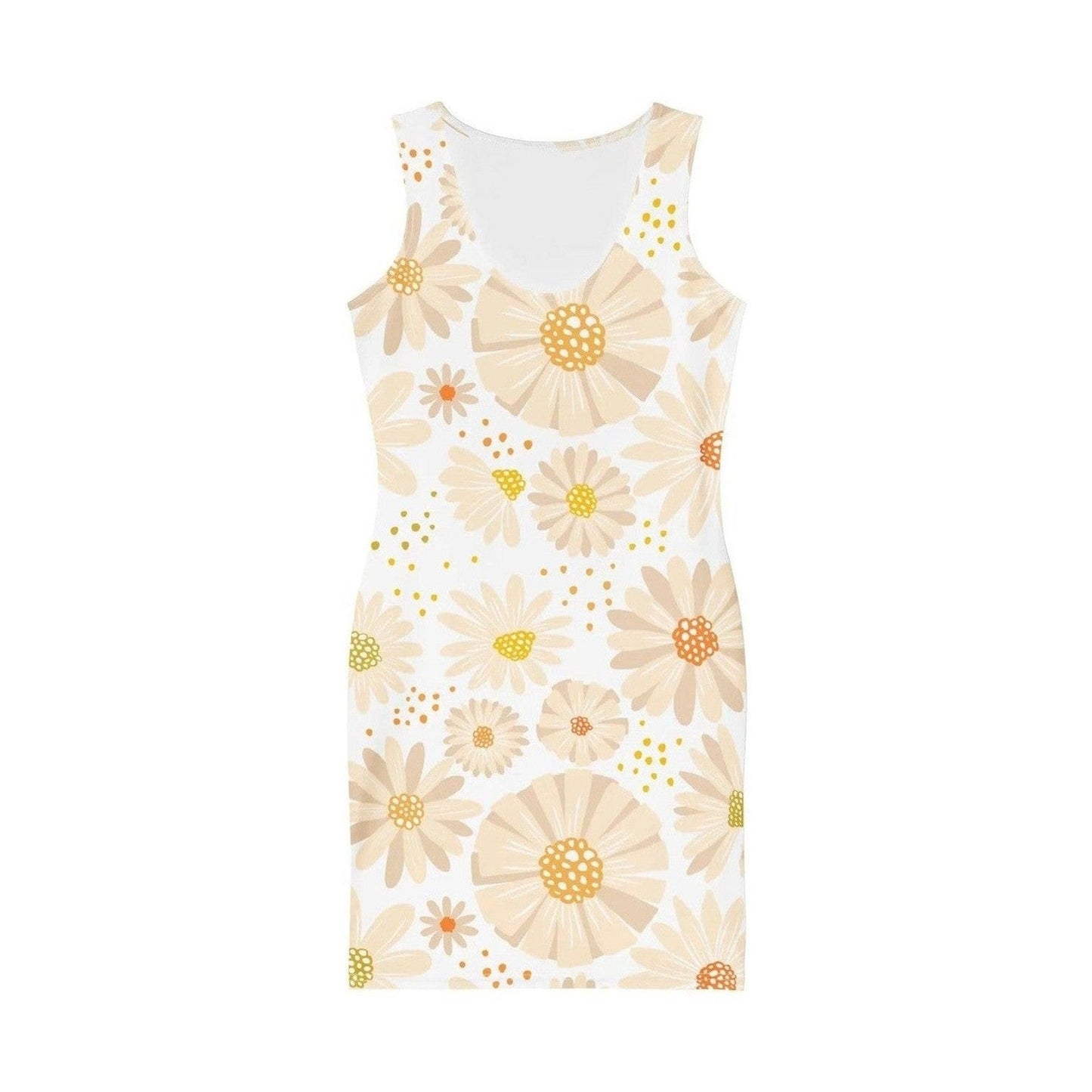 Front flat lay of sleeveless Groovy Floral Bodycon Dress with daisies