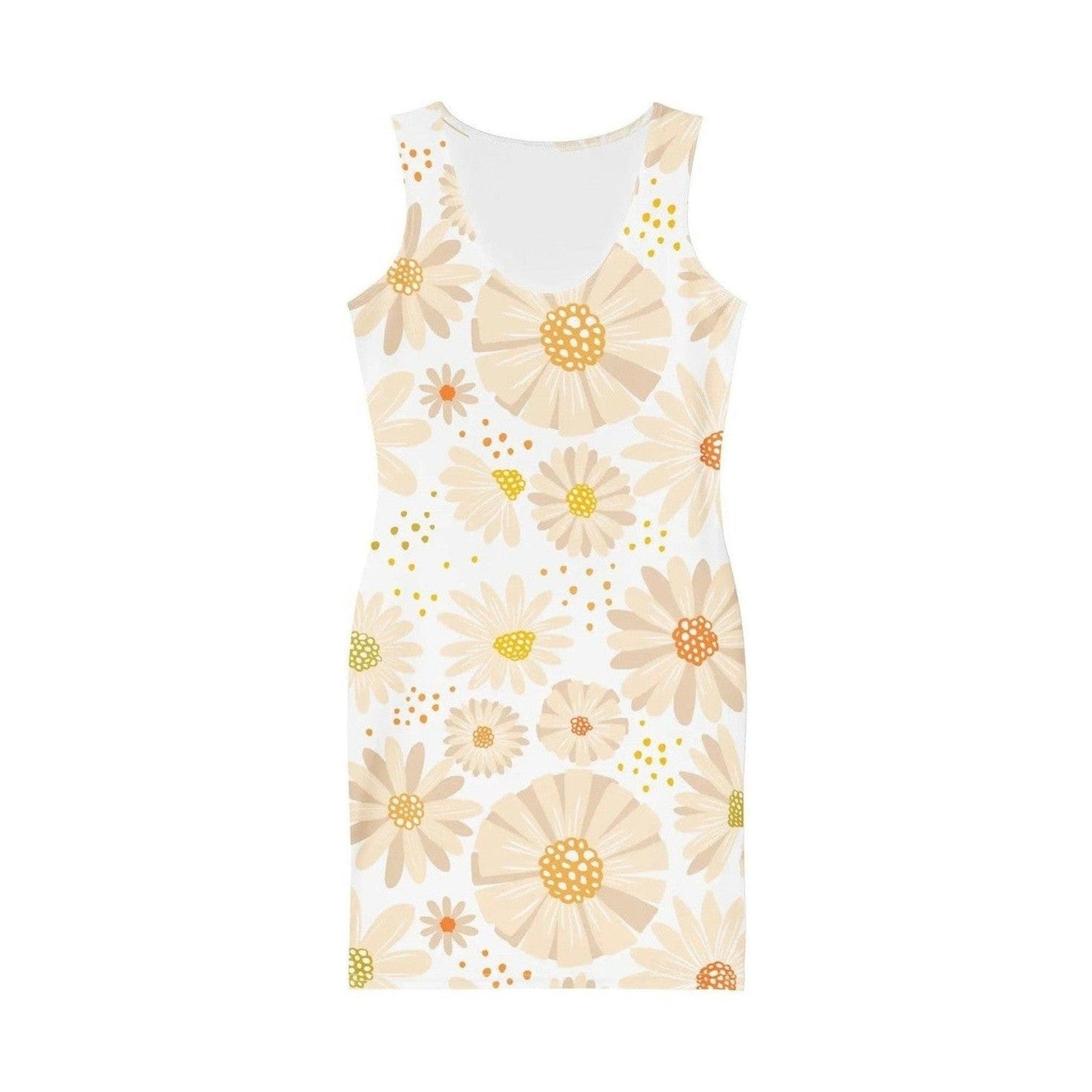 Front flat lay of sleeveless Groovy Floral Bodycon Dress with daisies