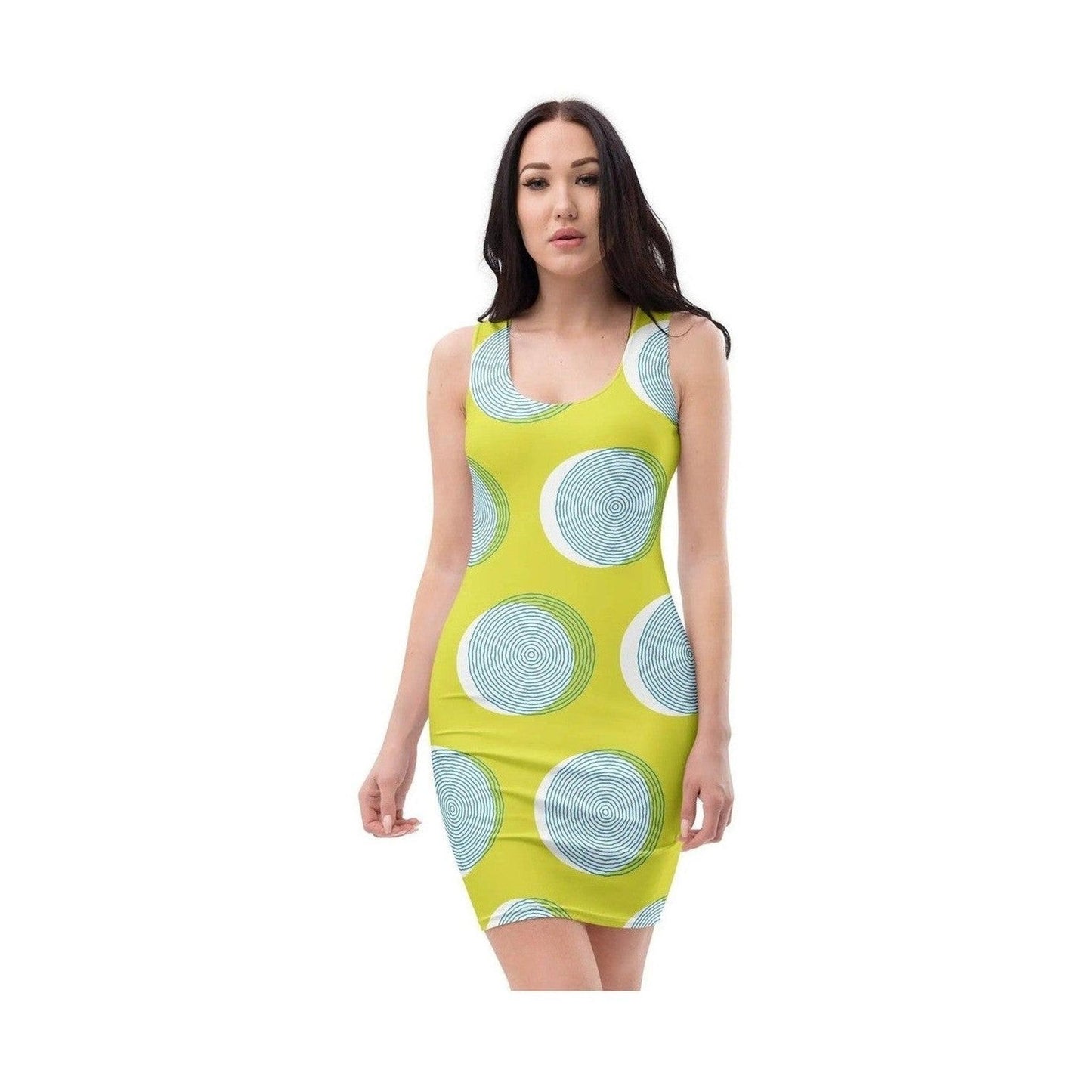 Front view of green sleeveless bodycon dress with circular pattern