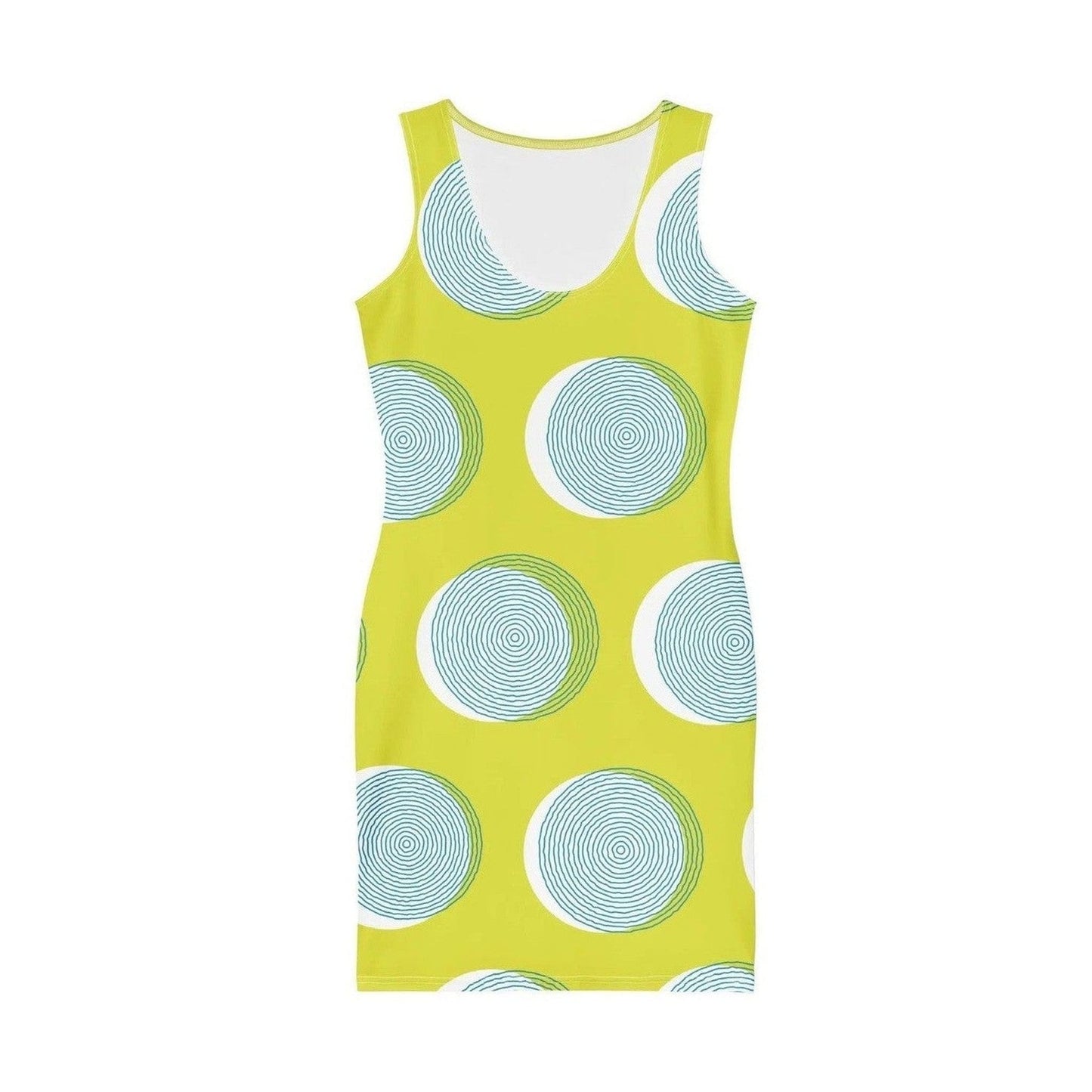 Back detail of fitted green dress with rounded neckline and print