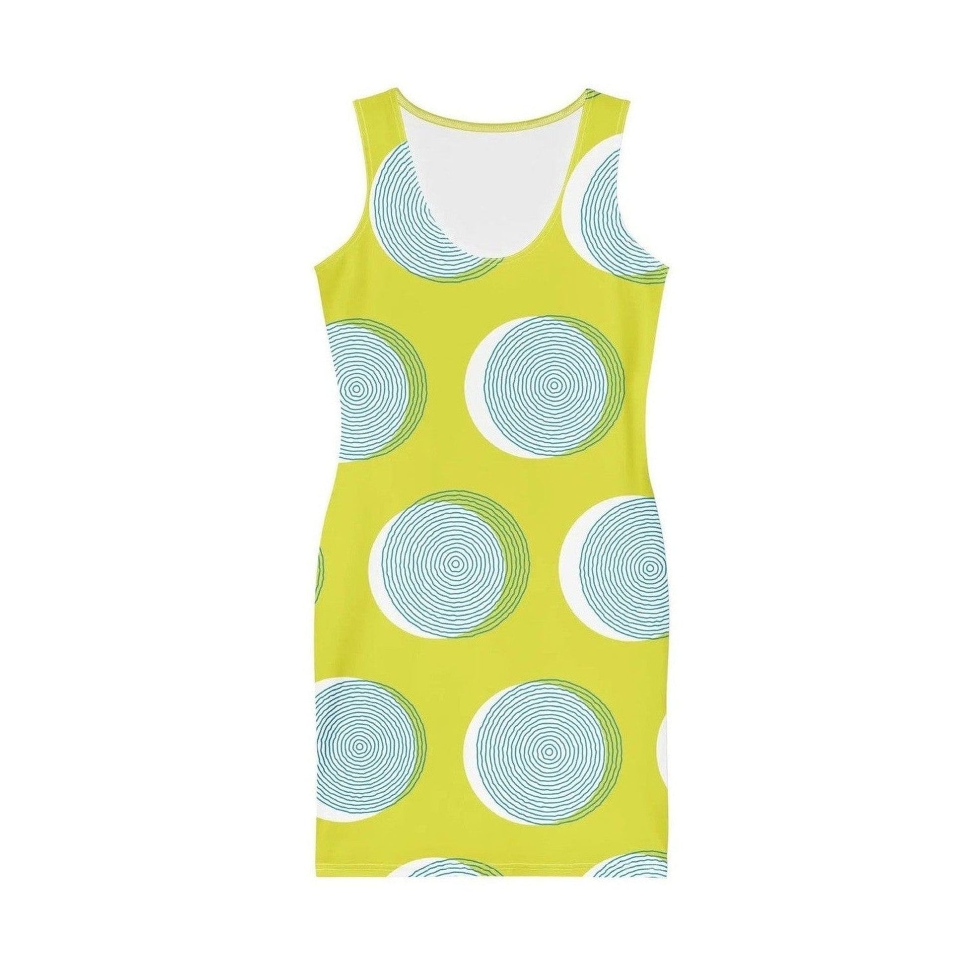 Back detail of fitted green dress with rounded neckline and print