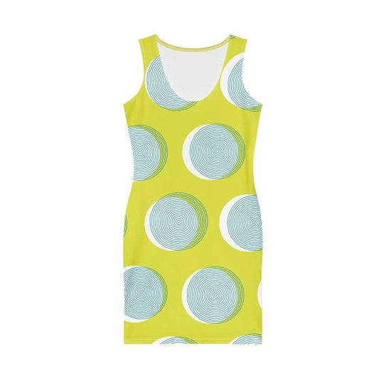 Back detail of fitted green dress with rounded neckline and print