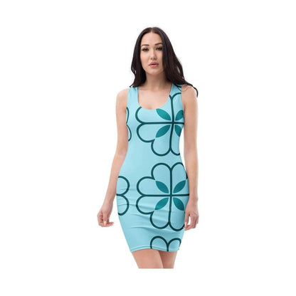 Woman modeling fitted light blue bodycon dress with dark teal clover design