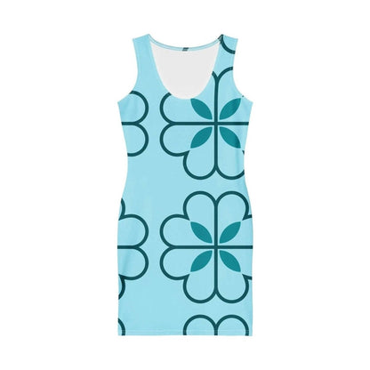 Front view of blue scoop neck bodycon dress featuring dark teal clover motif