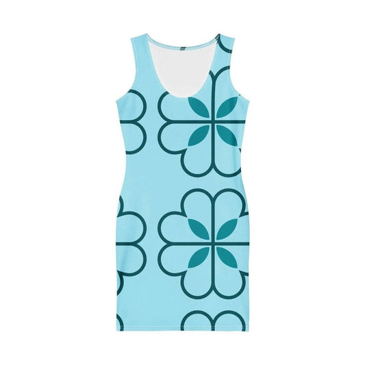 Front view of blue scoop neck bodycon dress featuring dark teal clover motif