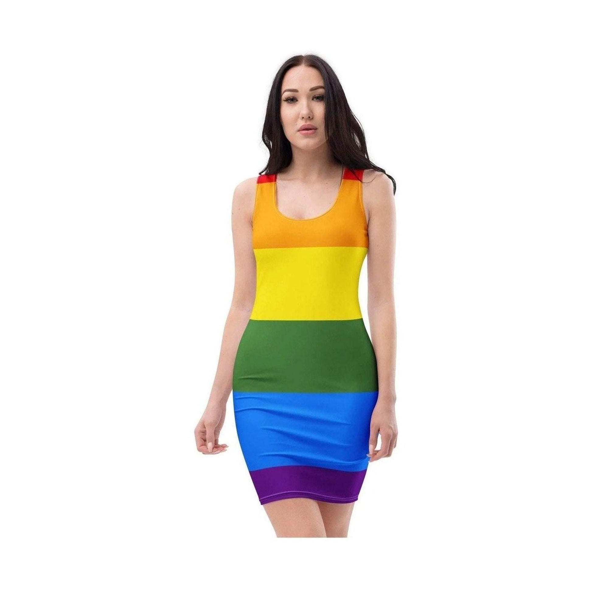 Front fit of sleeveless rainbow bodycon dress with smooth microfiber fabric