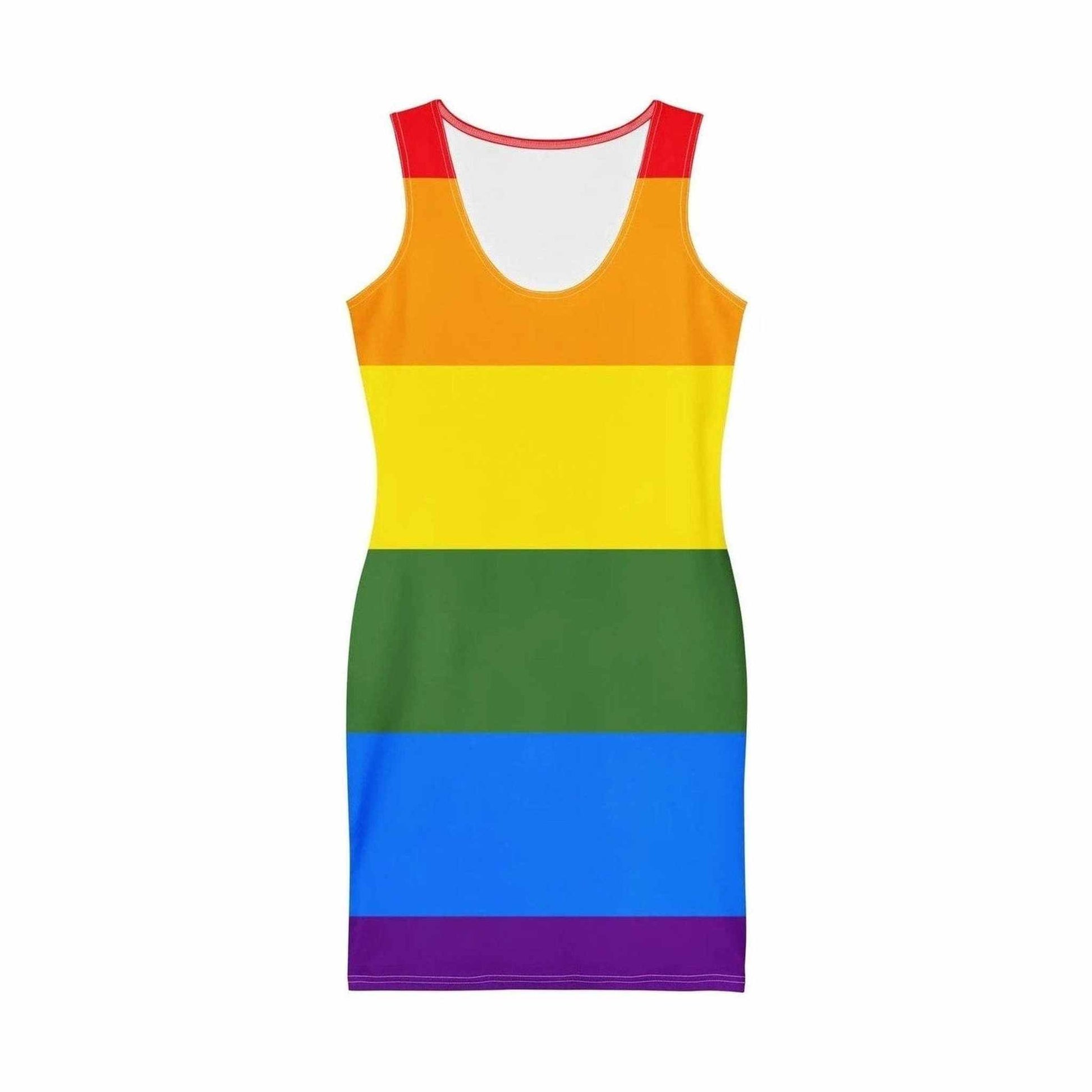 Rear detail of rainbow bodycon dress with white inner lining at neckline