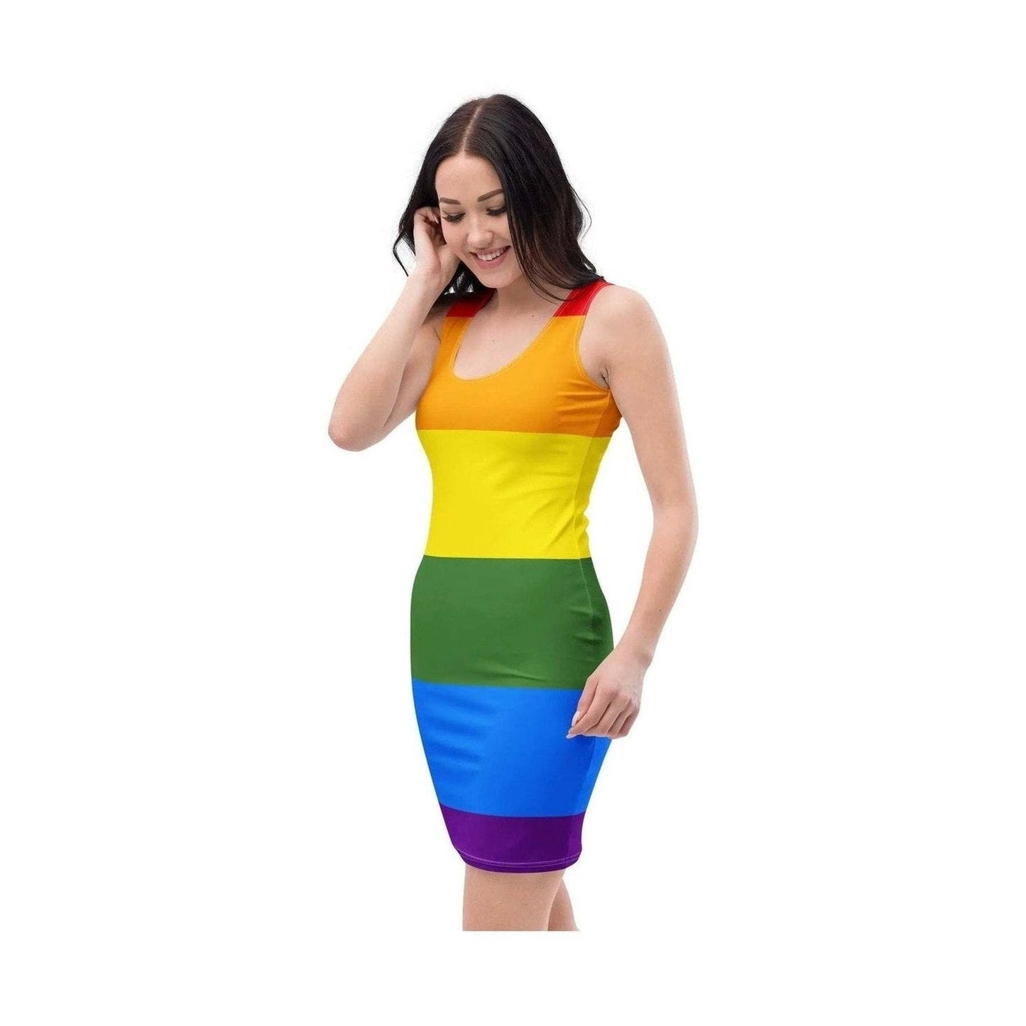 Profile view of form-fitting rainbow striped dress showing drape and stretch