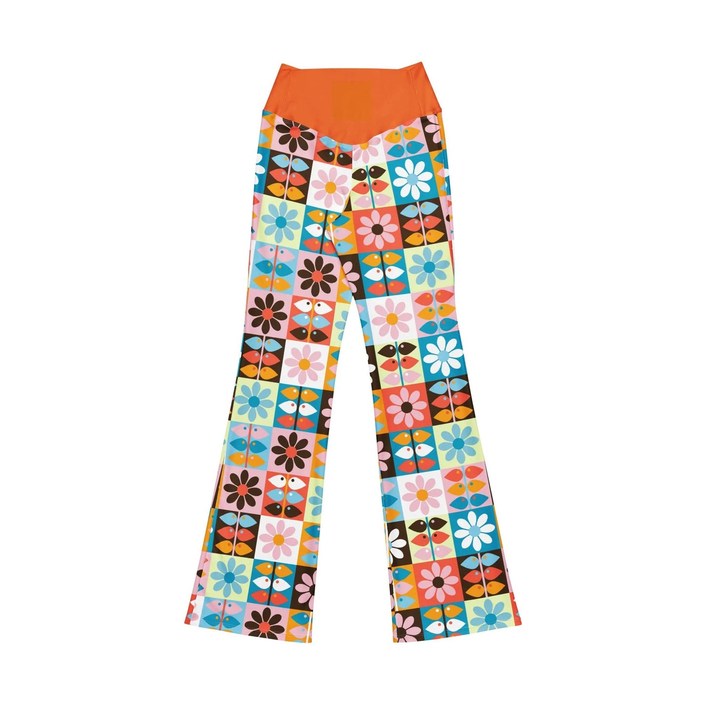 Orange high-waisted Wild Flare leggings flat lay with retro patchwork