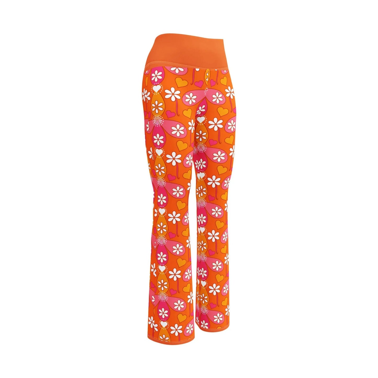 Back view of orange high-rise flare leggings with daisy print