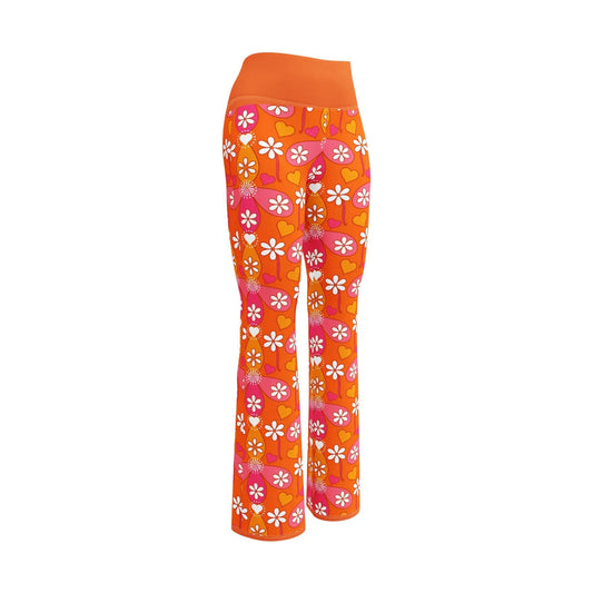 Back view of orange high-rise flare leggings with daisy print