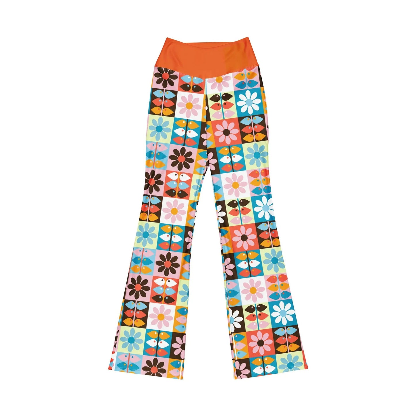 Laid-flat Wild Flare leggings showcasing retro square block pattern