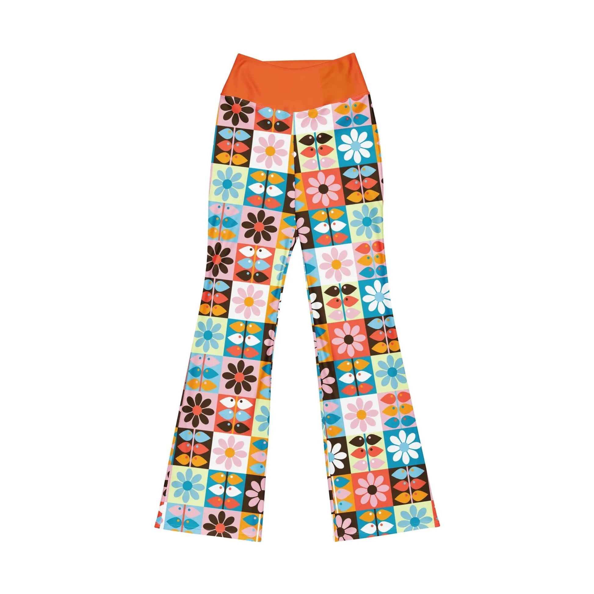 Laid-flat Wild Flare leggings showcasing retro square block pattern
